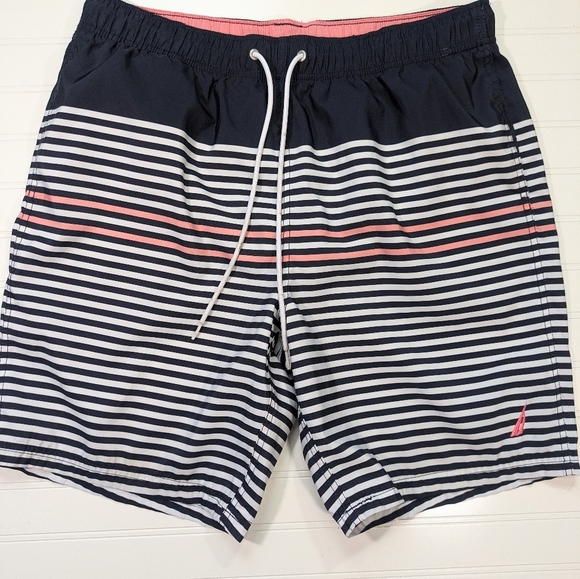 Nautica Navy Pink Striped Swim Trunks - Picture 1 of 4